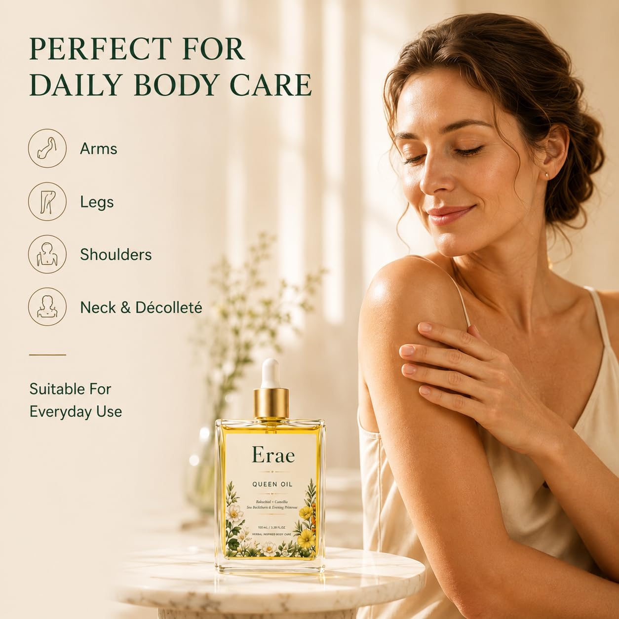 Erae Queen Body Oil, with Bakuchiol, Camellia Seed Oil, Sea Buckthorn, Lightweight Dry Body Oil for Soft, Smooth-Looking Skin, Fast-Absorbing Daily Moisturizing Care, 3.38 Fl Oz