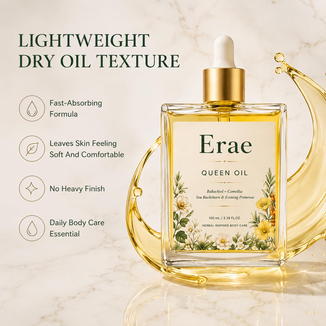 Erae Queen Body Oil, with Bakuchiol, Camellia Seed Oil, Sea Buckthorn, Lightweight Dry Body Oil for Soft, Smooth-Looking Skin, Fast-Absorbing Daily Moisturizing Care, 3.38 Fl Oz