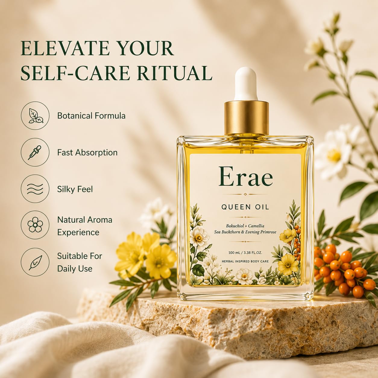 Erae Queen Body Oil, with Bakuchiol, Camellia Seed Oil, Sea Buckthorn, Lightweight Dry Body Oil for Soft, Smooth-Looking Skin, Fast-Absorbing Daily Moisturizing Care, 3.38 Fl Oz