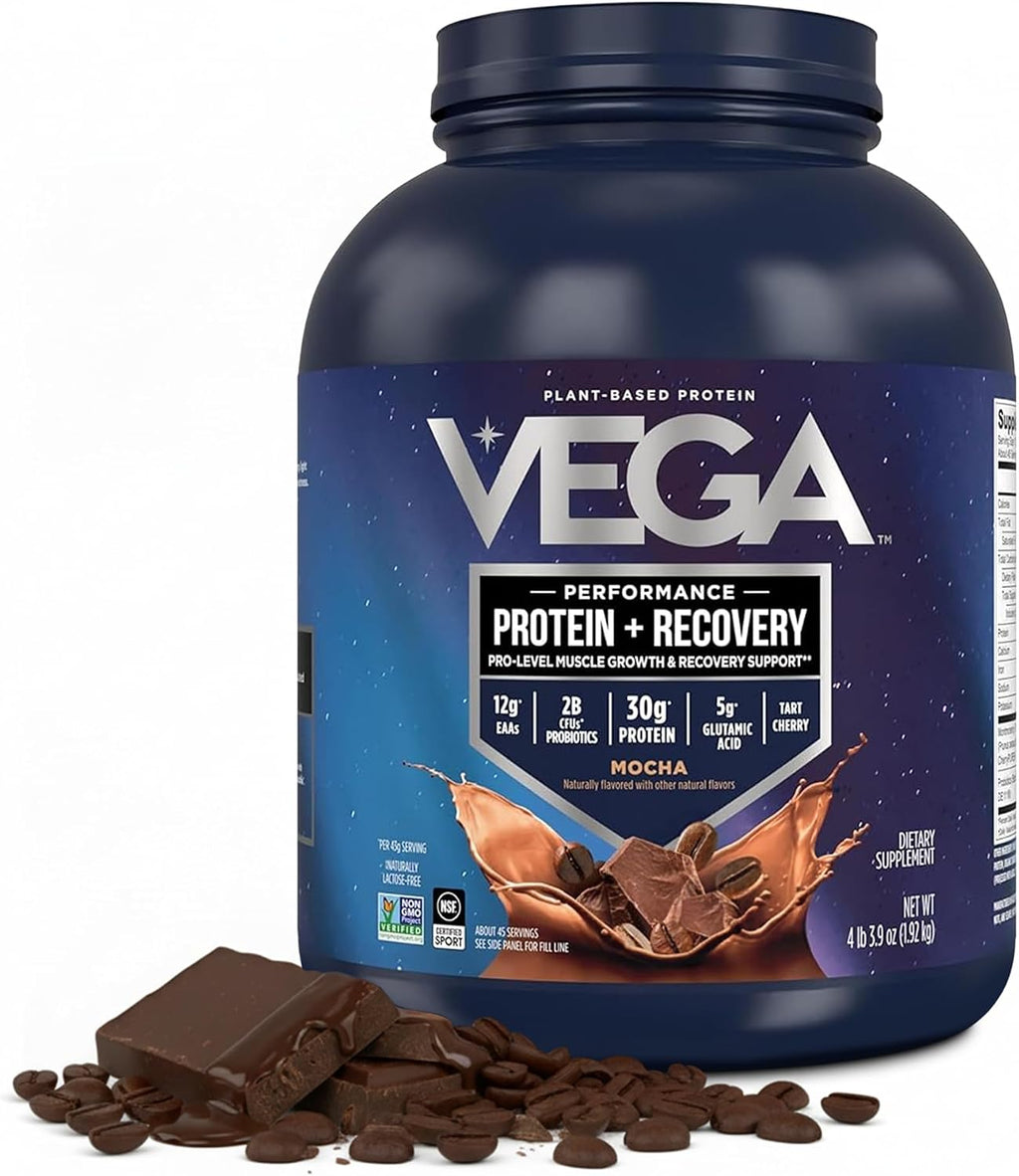 Vega Protein + Recovery, Mocha – 30g Vegan Protein, Dairy & Gluten Free, Probiotics, NSF Certified, 67.2 oz (45 Servings)
