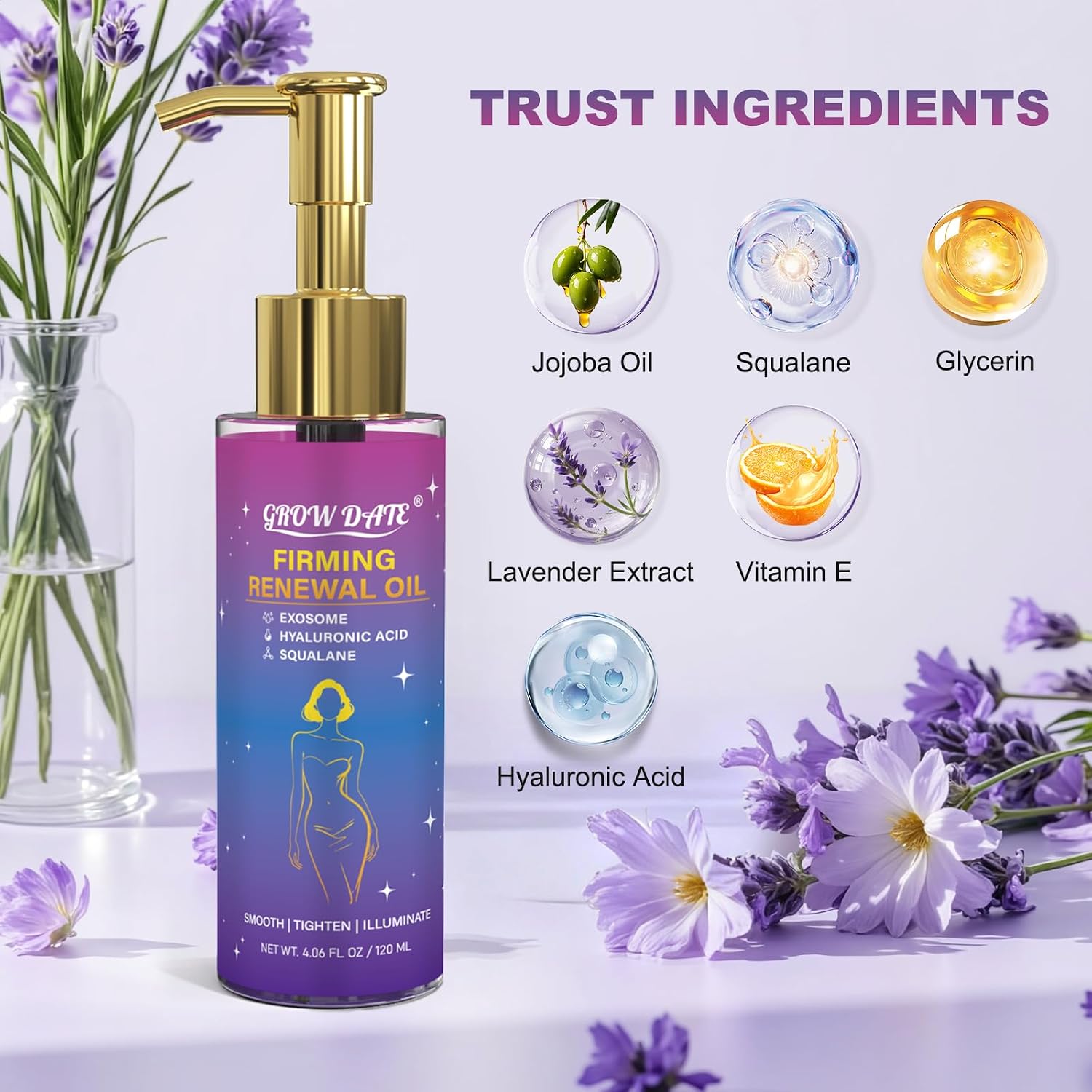 Body Firming Oil for Women, After Shower Body Oil for Crepe Skin, Hydrating Shower Oil with Hyaluronic Acid, Jojoba Oil, Vitamin E & Lavender Oil, Lightweight Non-Greasy Full Body Moisturizer, 4 Fl Oz