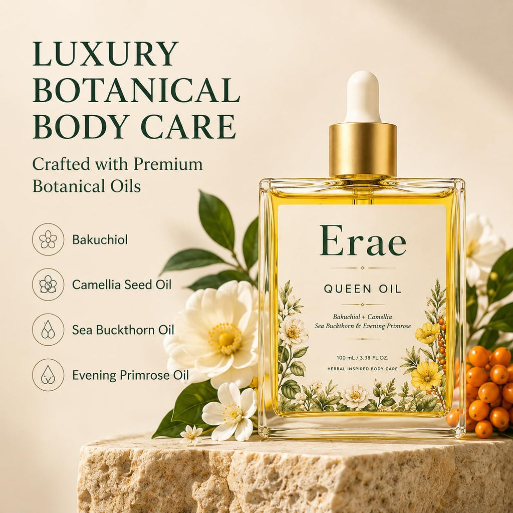 Erae Queen Body Oil, with Bakuchiol, Camellia Seed Oil, Sea Buckthorn, Lightweight Dry Body Oil for Soft, Smooth-Looking Skin, Fast-Absorbing Daily Moisturizing Care, 3.38 Fl Oz