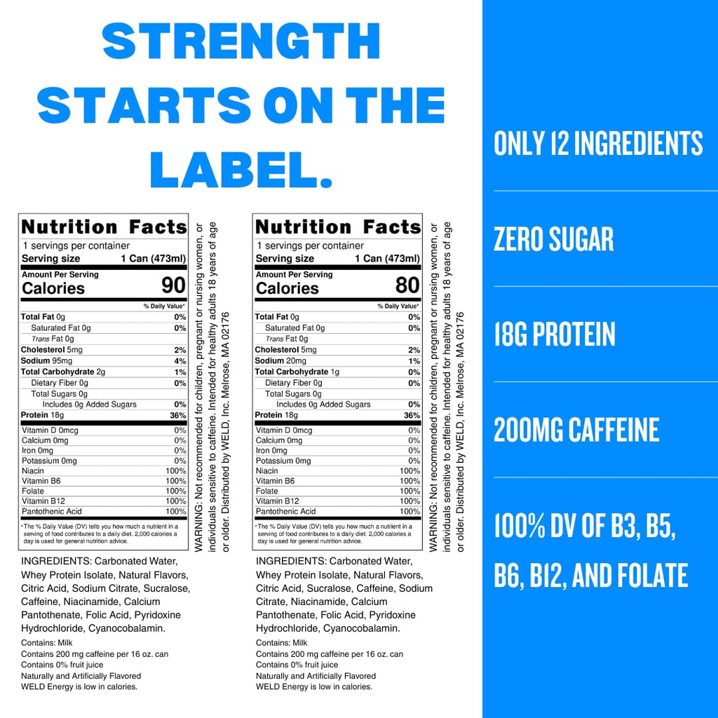 WELD Protein Energy Drink — 18g Whey Protein Isolate + 200mg Caffeine, Zero Sugar Protein Energy Drink with B Vitamins, Clear Protein Drink for Pre-Workout & Focus, Variety Pack, 16 Fl Oz Cans (12 Pack)