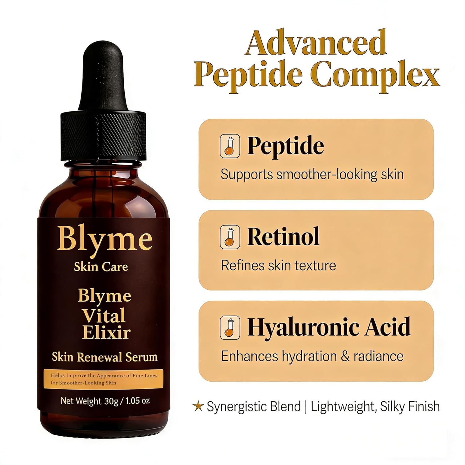 Blyme Prime Elixir, with Peptide, Hyaluronic Acid and Retinol, Help Reduce Appearance of Fine Lines, Support Skin Elasticity, Hydrating & Firming Face Serum for Mature-Looking Skin, 30ml (30g)