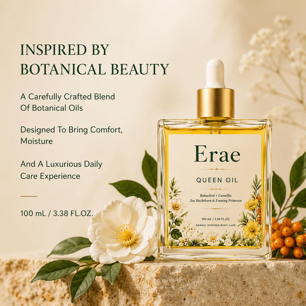 Erae Queen Body Oil, with Bakuchiol, Camellia Seed Oil, Sea Buckthorn, Lightweight Dry Body Oil for Soft, Smooth-Looking Skin, Fast-Absorbing Daily Moisturizing Care, 3.38 Fl Oz