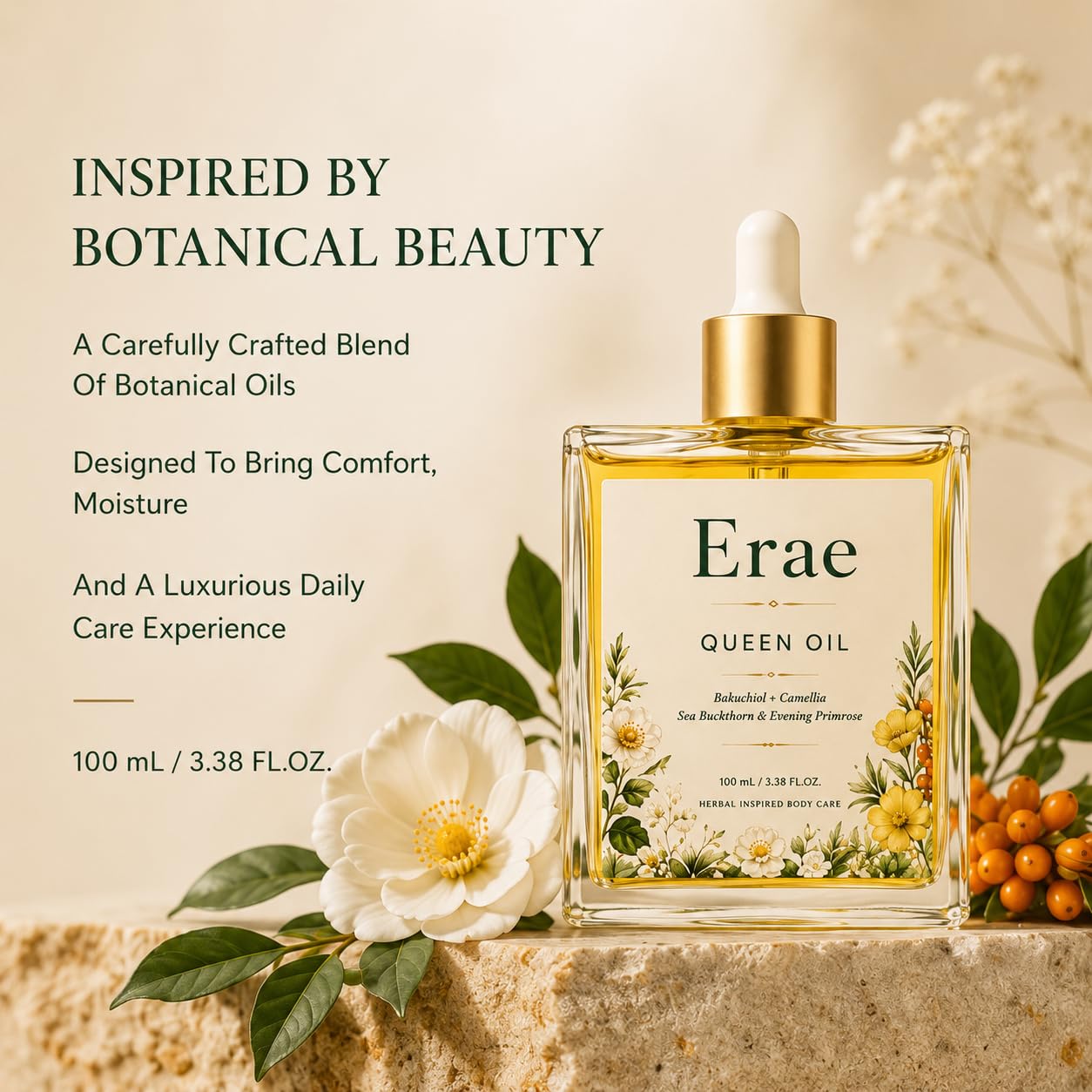 Erae Queen Body Oil, with Bakuchiol, Camellia Seed Oil, Sea Buckthorn, Lightweight Dry Body Oil for Soft, Smooth-Looking Skin, Fast-Absorbing Daily Moisturizing Care, 3.38 Fl Oz