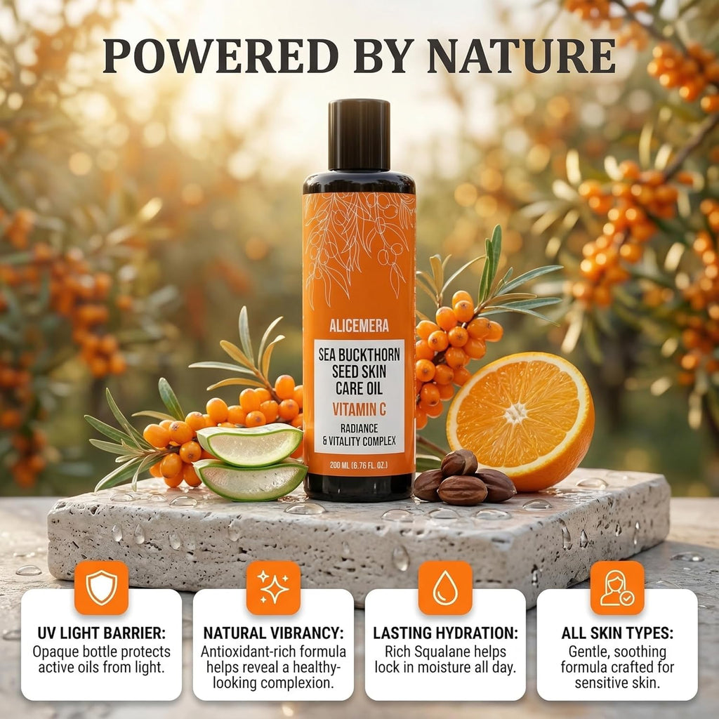 Vitamin C Body Oil for Dry Skin – Moisturizing & Brightening Skin Oil with Aloe Vera, Sea Buckthorn & Vitamin E – Nourishing Skincare – 6.76 oz