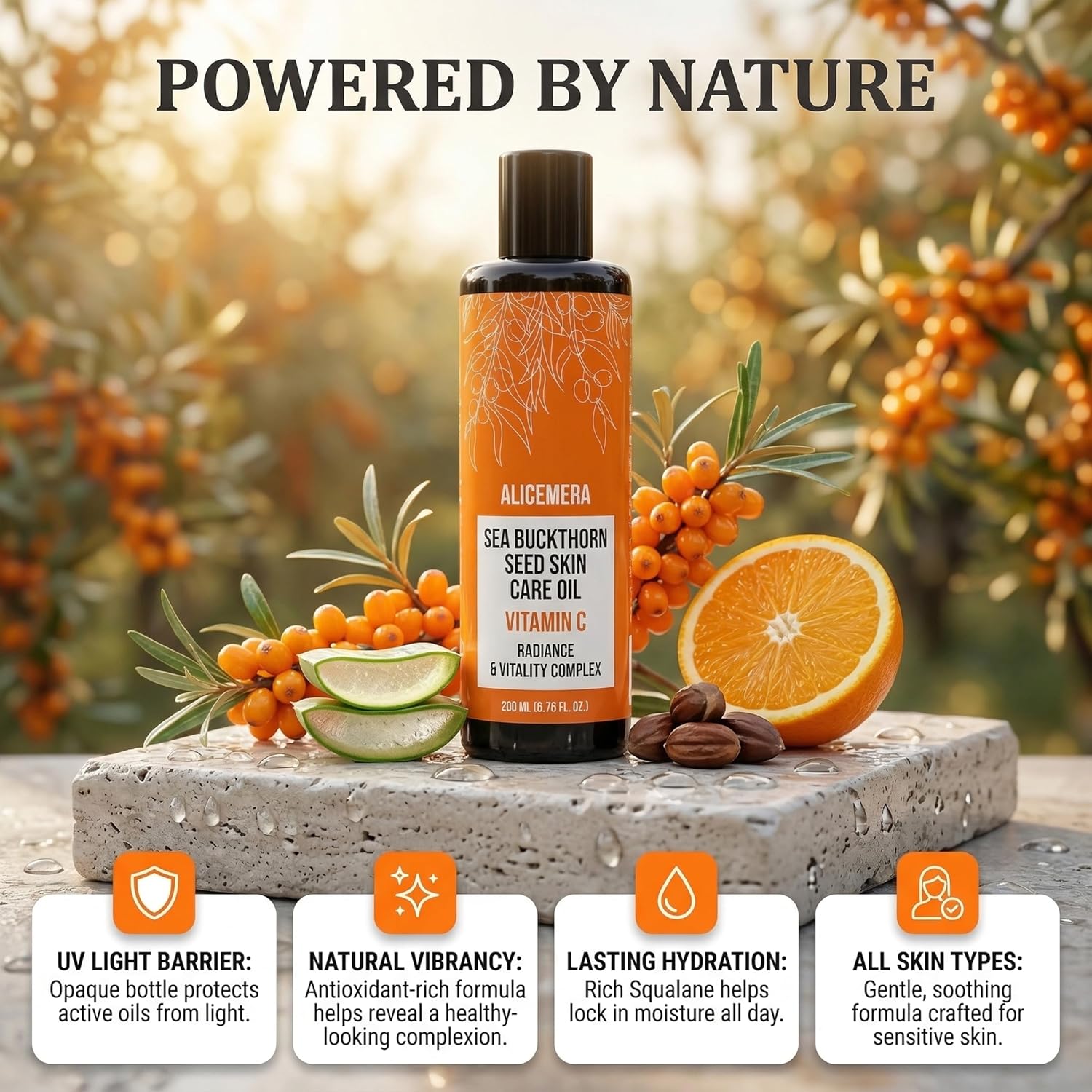 Vitamin C Body Oil for Dry Skin – Moisturizing & Brightening Skin Oil with Aloe Vera, Sea Buckthorn & Vitamin E – Nourishing Skincare – 6.76 oz